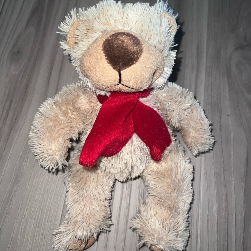 Cream Mini Teddy Bear with Red Scarf